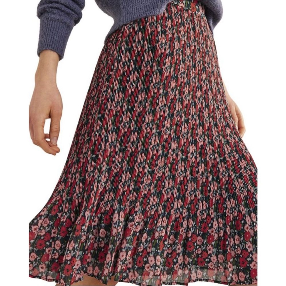 Boden Floral Pleated Midi Skirt in Black and Pink
